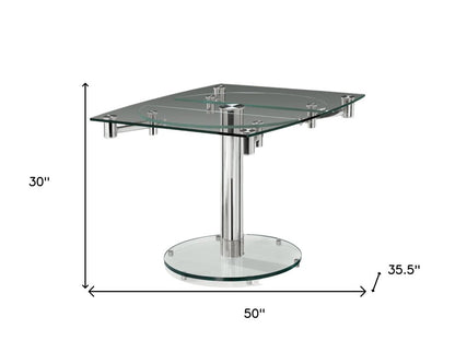 50" Clear And Silver Glass And Stainless Steel Self-Storing Leaf Pedestal Base Extendable Dining Table
