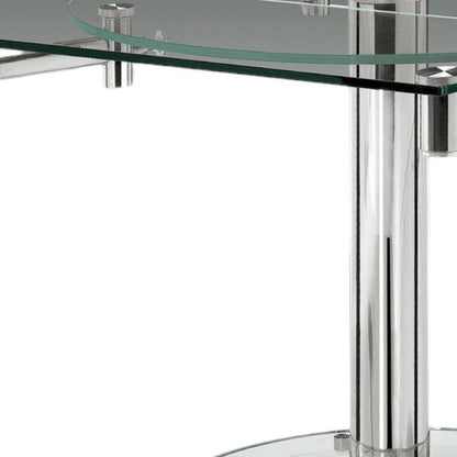 50" Clear And Silver Glass And Stainless Steel Self-Storing Leaf Pedestal Base Extendable Dining Table