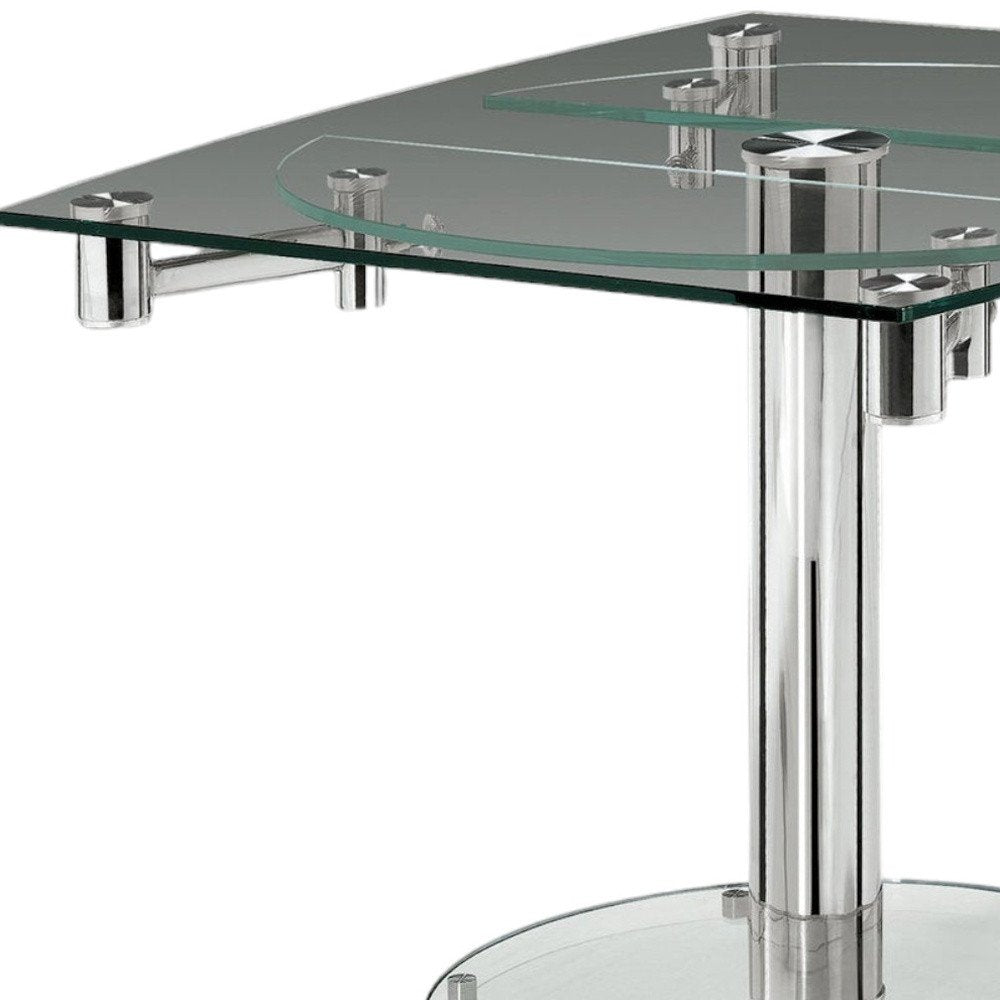 50" Clear And Silver Glass And Stainless Steel Self-Storing Leaf Pedestal Base Extendable Dining Table