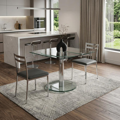 50" Clear And Silver Glass And Stainless Steel Self-Storing Leaf Pedestal Base Extendable Dining Table