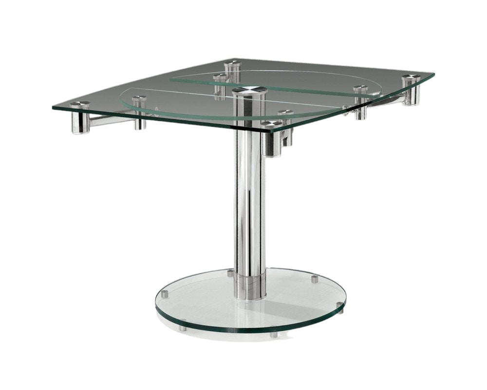 50" Clear And Silver Glass And Stainless Steel Self-Storing Leaf Pedestal Base Extendable Dining Table