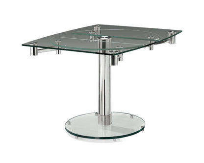 50" Clear And Silver Glass And Stainless Steel Self-Storing Leaf Pedestal Base Extendable Dining Table