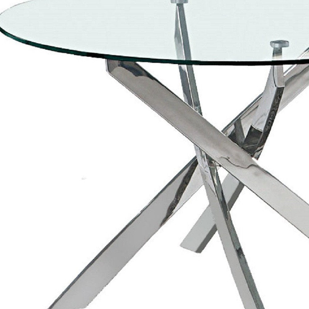 48" Clear and Silver Glass and Metal Cross Leg Base Round Top Dining Table