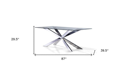 87" Clear and Silver Glass and Metal Cross Leg Base Dining Table