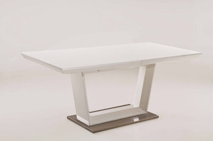 71" White Wood and Metal Self-Storing Leaf Pedestal Base Extendable Dining Table