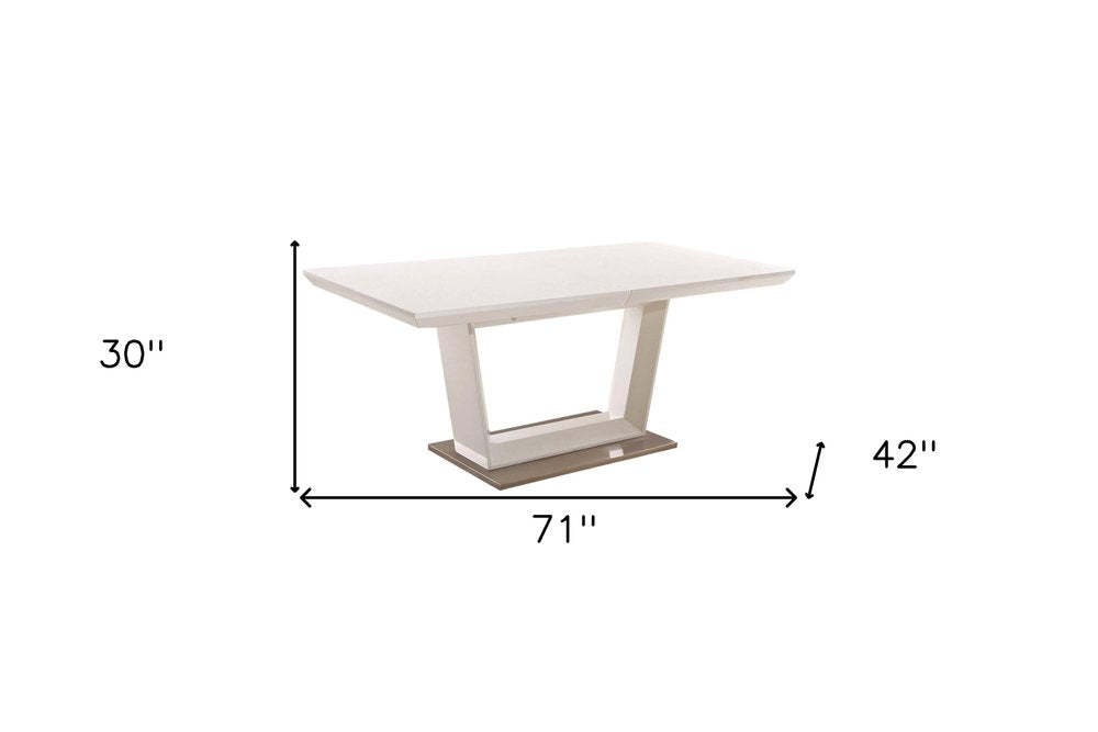 71" White Wood and Metal Self-Storing Leaf Pedestal Base Extendable Dining Table