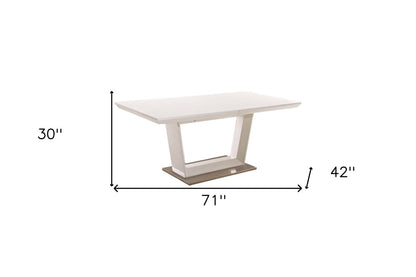 71" White Wood and Metal Self-Storing Leaf Pedestal Base Extendable Dining Table