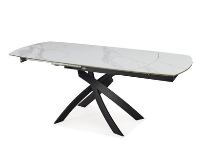 47" Gray White and Black Ceramic and Metal Self-Storing Leaf Cross Leg Base Oval Extendable Dining Table