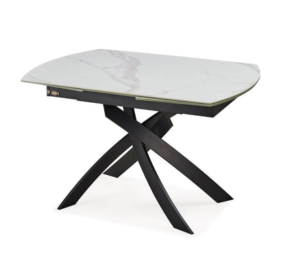 47" Gray White and Black Ceramic and Metal Self-Storing Leaf Cross Leg Base Oval Extendable Dining Table