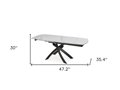 47" Gray White and Black Ceramic and Metal Self-Storing Leaf Cross Leg Base Oval Extendable Dining Table