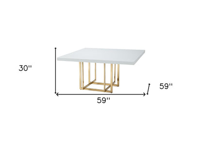 59" White and Gold Wood and Metal Pedestal Base Square Dining Table