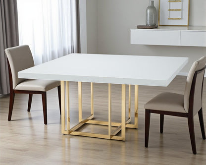59" White and Gold Wood and Metal Pedestal Base Square Dining Table