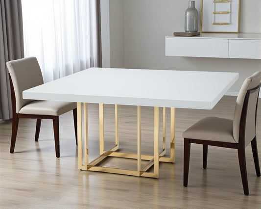 59" White and Gold Wood and Metal Pedestal Base Square Dining Table