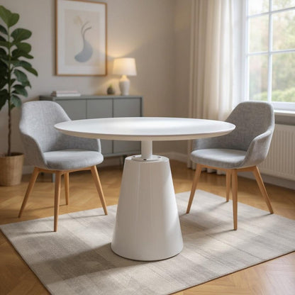 36" White Wood and Metal Pedestal Base Round Top Dining Table