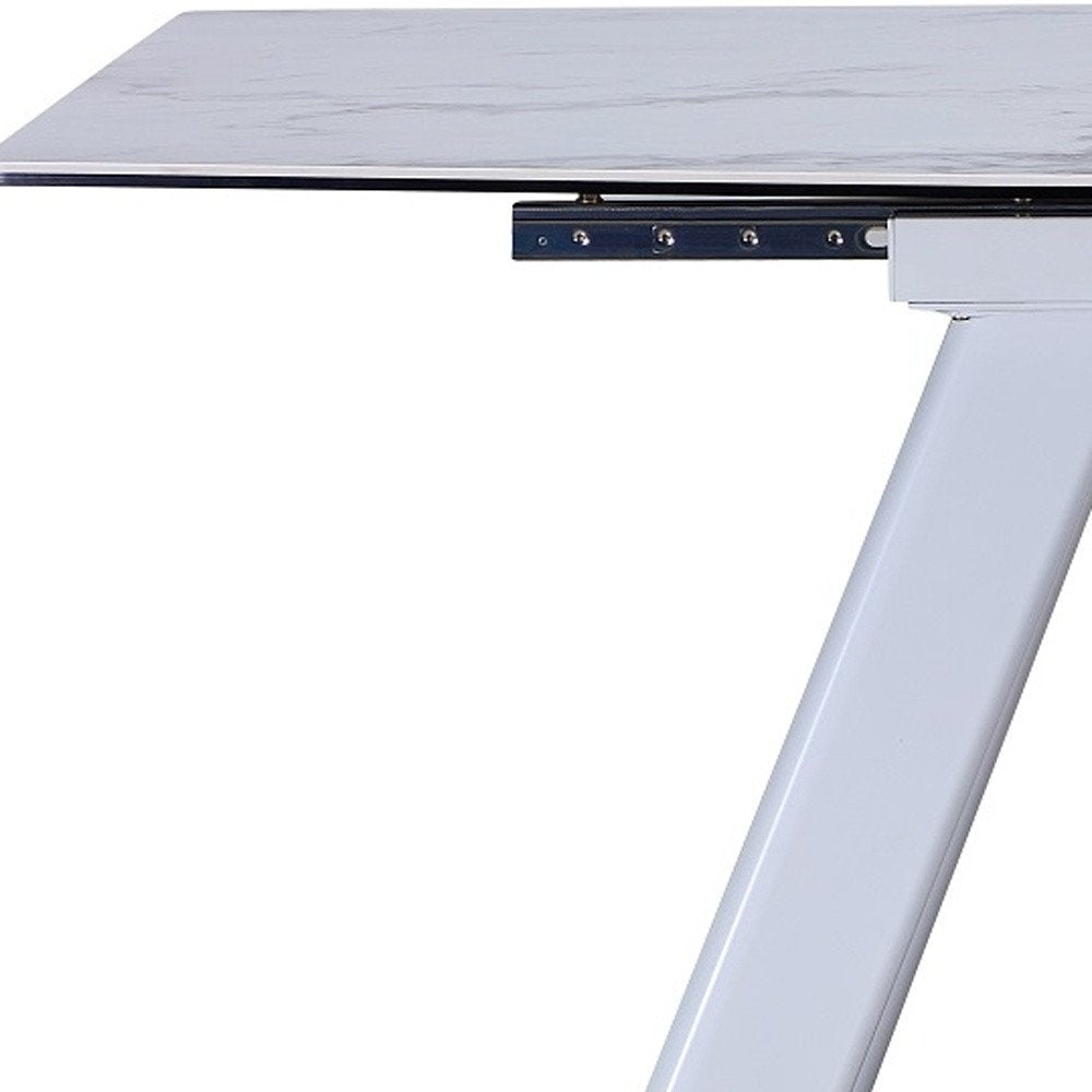 71" Gray and White Ceramic and Metal Self-Storing Leaf Extendable Dining Table