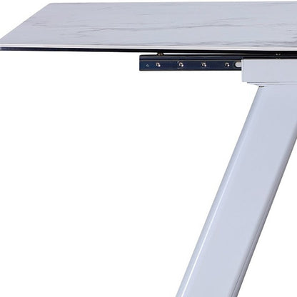 71" Gray and White Ceramic and Metal Self-Storing Leaf Extendable Dining Table