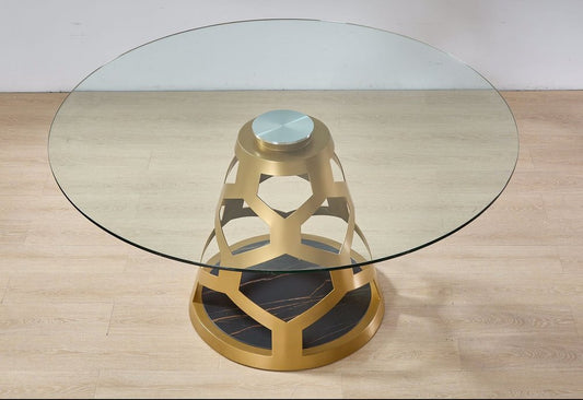 48" Clear And Gold Glass And Steel Pedestal Base Round Top Dining Table