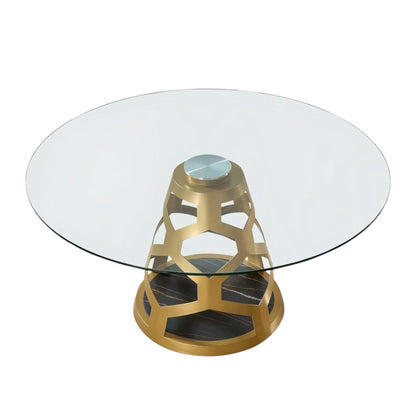 48" Clear And Gold Glass And Steel Pedestal Base Round Top Dining Table