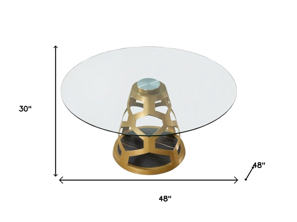 48" Clear And Gold Glass And Steel Pedestal Base Round Top Dining Table