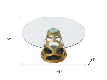 48" Clear And Gold Glass And Steel Pedestal Base Round Top Dining Table