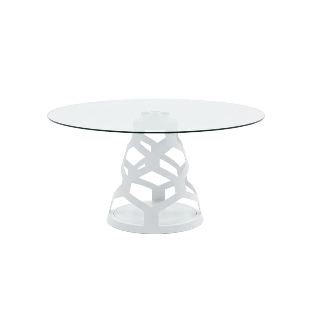 48" Clear And White Glass And Steel Pedestal Base Round Top Dining Table