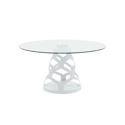 48" Clear And White Glass And Steel Pedestal Base Round Top Dining Table
