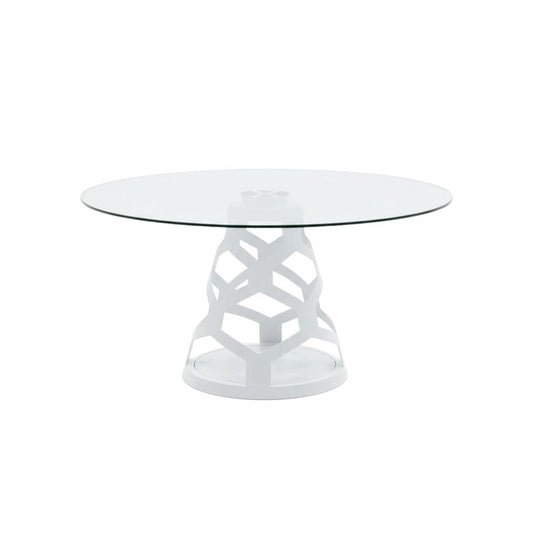 48" Clear And White Glass And Steel Pedestal Base Round Top Dining Table