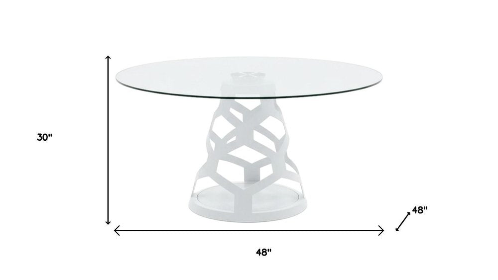 48" Clear And White Glass And Steel Pedestal Base Round Top Dining Table