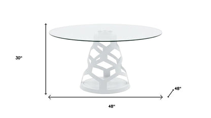 48" Clear And White Glass And Steel Pedestal Base Round Top Dining Table