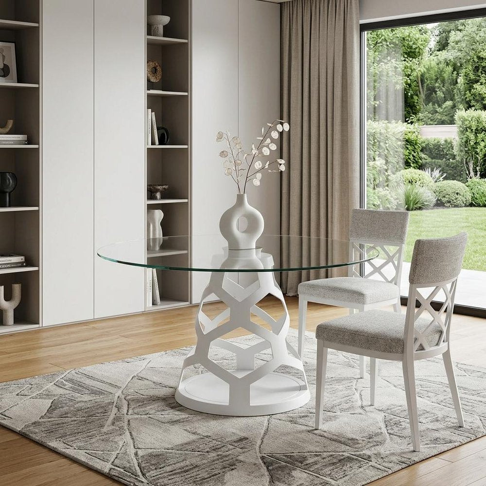 48" Clear And White Glass And Steel Pedestal Base Round Top Dining Table