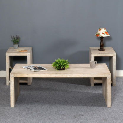 Three Piece Natural Solid Wood Distressed Sled Coffee And End Tables Set