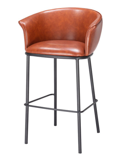 30" Brown And Black Faux Leather And Fabric And Steel Bar Height Bar Chair