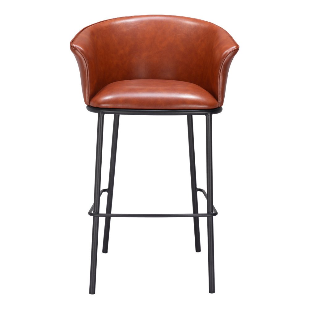 30" Brown And Black Faux Leather And Fabric And Steel Bar Height Bar Chair
