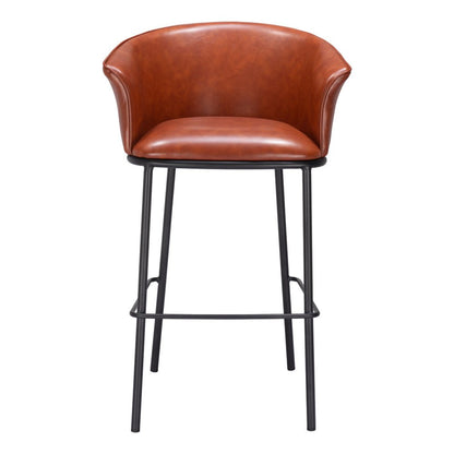30" Brown And Black Faux Leather And Fabric And Steel Bar Height Bar Chair