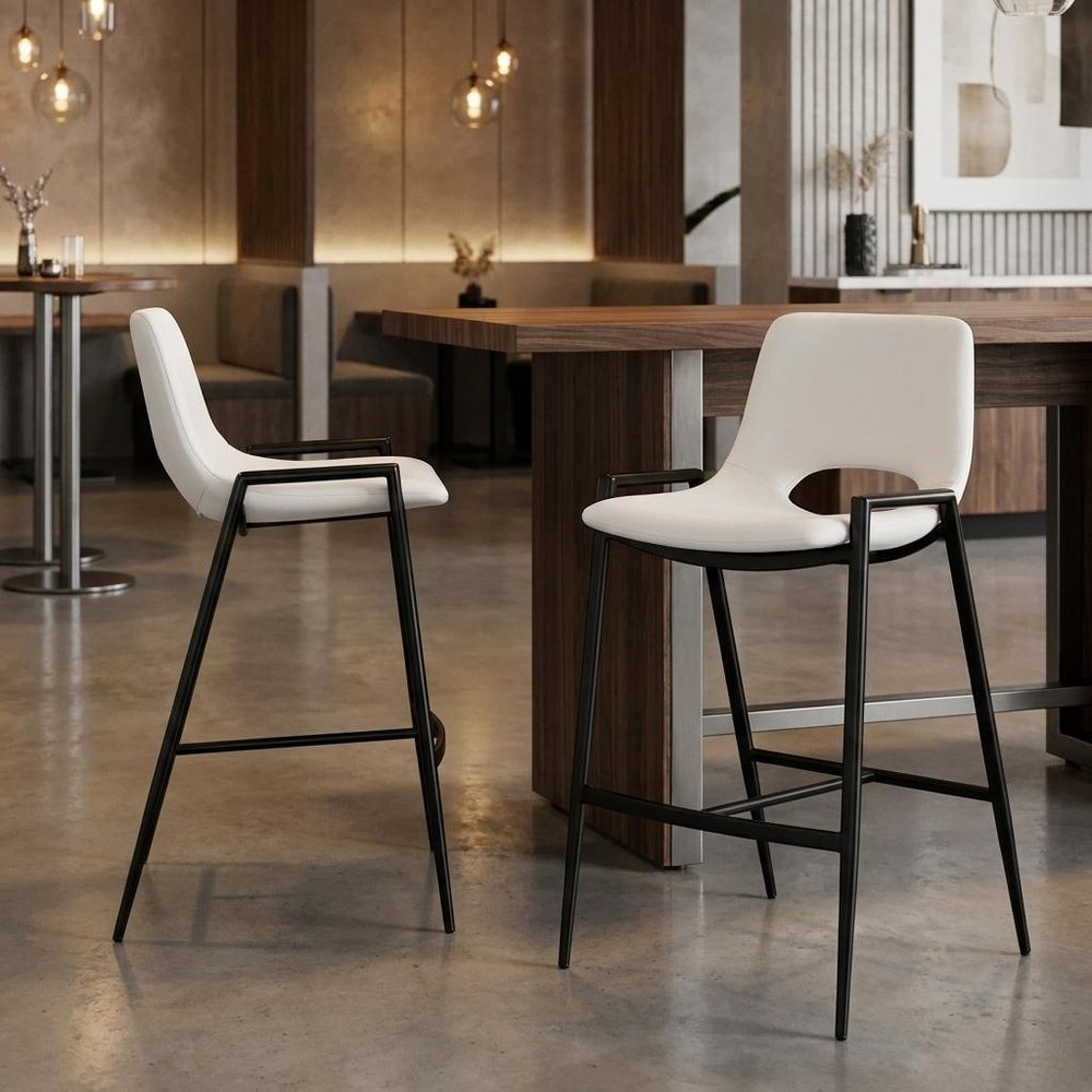 Set of Two 26" Beige And Gold Faux Leather And Fabric And Steel Low Back Counter Height Bar Chairs