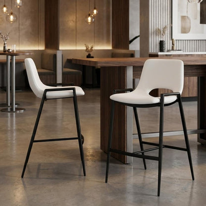 Set of Two 26" Beige And Gold Faux Leather And Fabric And Steel Low Back Counter Height Bar Chairs
