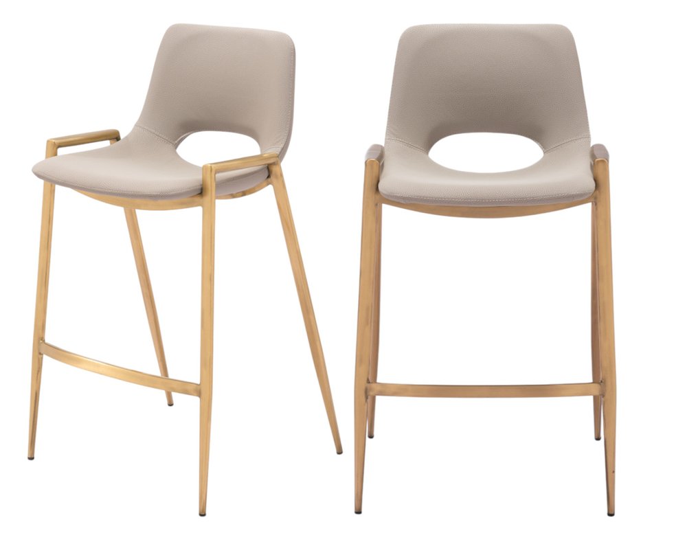 Set of Two 26" Beige And Gold Faux Leather And Fabric And Steel Low Back Counter Height Bar Chairs