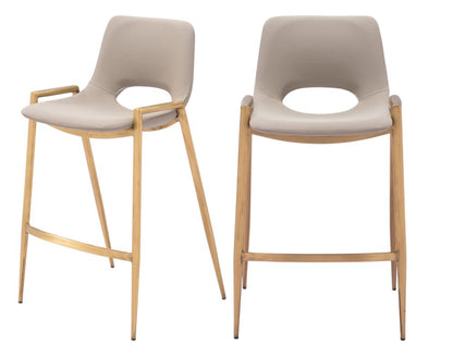 Set of Two 26" Beige And Gold Faux Leather And Fabric And Steel Low Back Counter Height Bar Chairs