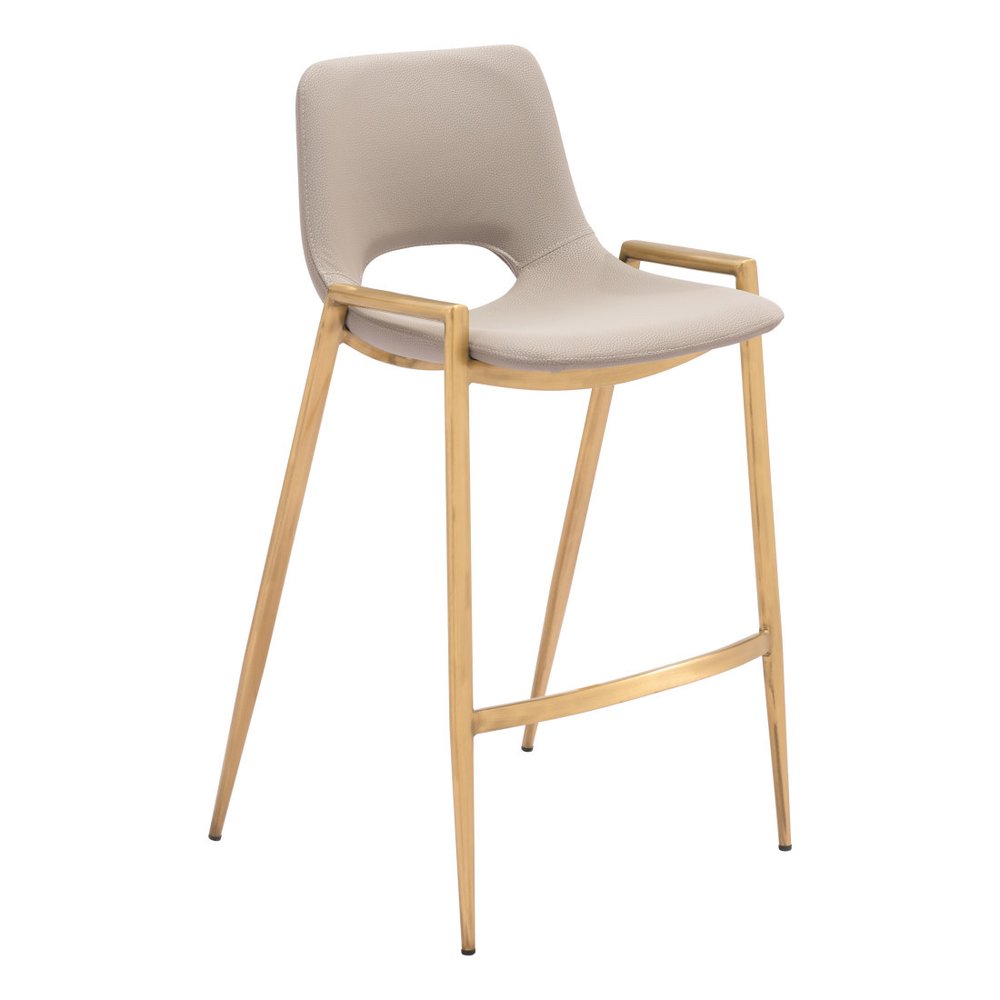 Set of Two 26" Beige And Gold Faux Leather And Fabric And Steel Low Back Counter Height Bar Chairs