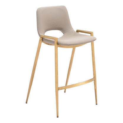 Set of Two 26" Beige And Gold Faux Leather And Fabric And Steel Low Back Counter Height Bar Chairs