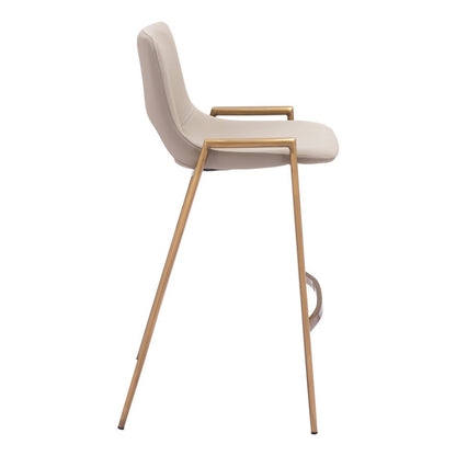 Set of Two 26" Beige And Gold Faux Leather And Fabric And Steel Low Back Counter Height Bar Chairs