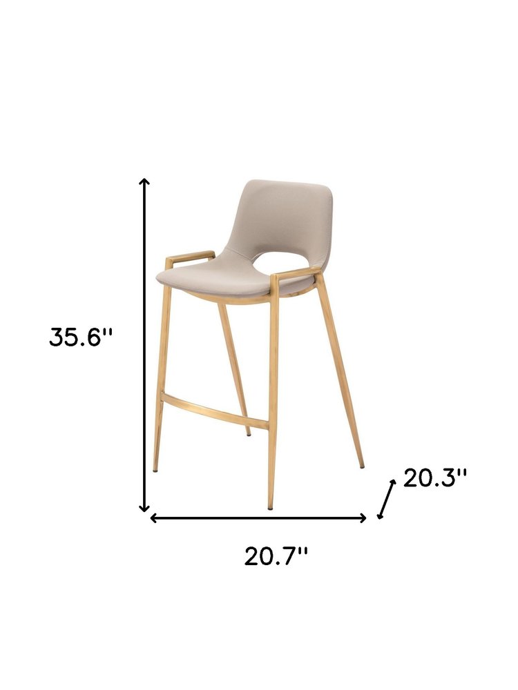 Set of Two 26" Beige And Gold Faux Leather And Fabric And Steel Low Back Counter Height Bar Chairs
