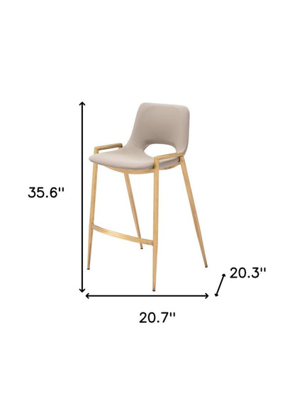 Set of Two 26" Beige And Gold Faux Leather And Fabric And Steel Low Back Counter Height Bar Chairs