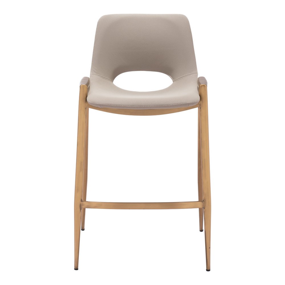 Set of Two 26" Beige And Gold Faux Leather And Fabric And Steel Low Back Counter Height Bar Chairs