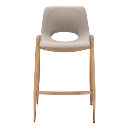 Set of Two 26" Beige And Gold Faux Leather And Fabric And Steel Low Back Counter Height Bar Chairs
