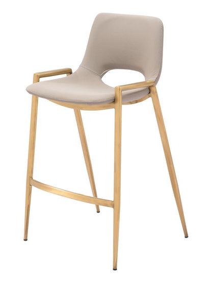 Set of Two 26" Beige And Gold Faux Leather And Fabric And Steel Low Back Counter Height Bar Chairs