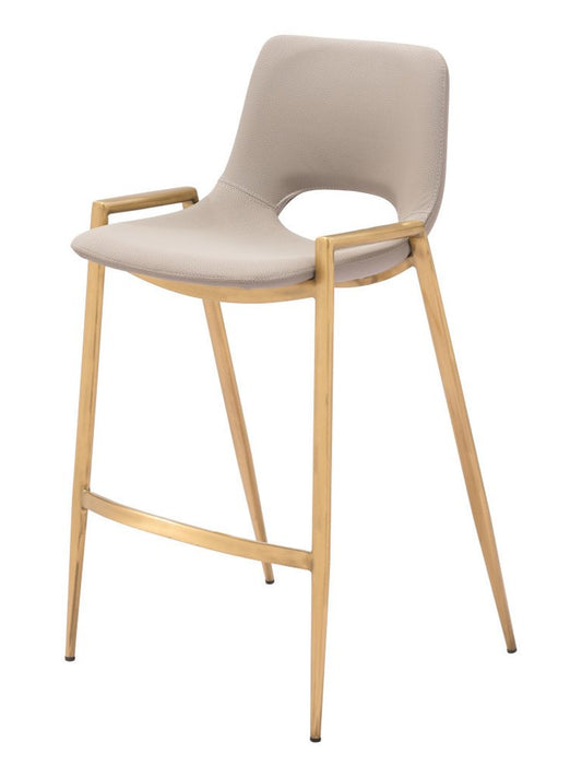 Set of Two 26" Beige And Gold Faux Leather And Fabric And Steel Low Back Counter Height Bar Chairs