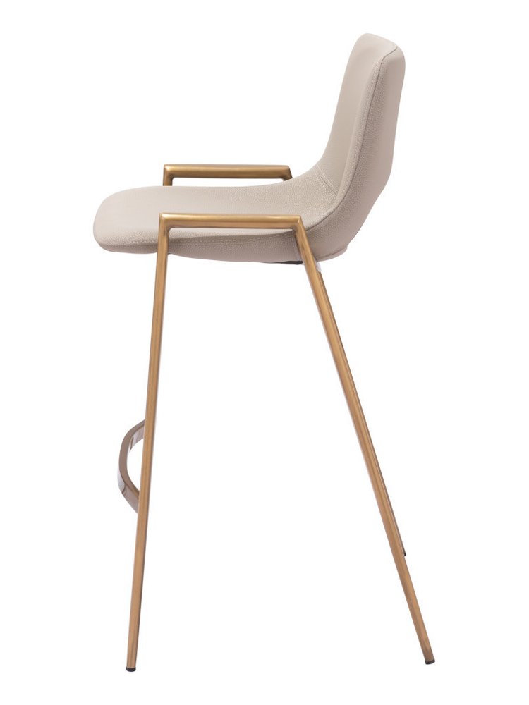 Set of Two 26" Beige And Gold Faux Leather And Fabric And Steel Low Back Counter Height Bar Chairs