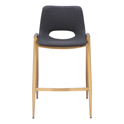 Set of Two 26" Black And Gold Faux Leather And Fabric And Steel Low Back Counter Height Bar Chairs