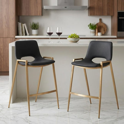 Set of Two 26" Black And Gold Faux Leather And Fabric And Steel Low Back Counter Height Bar Chairs
